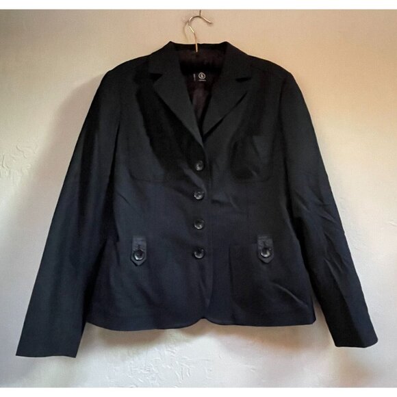 Bogner Women's Size 10 Virgin Wool Four-Button Blazer Elbow Patch Black Lined